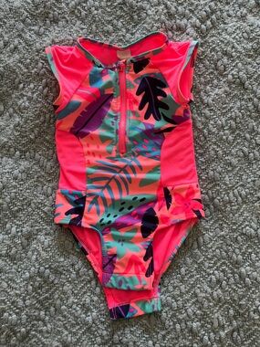 Kids Neon Pink Tropical One-Piece Swimsuit with Back Zip